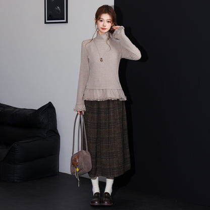 Chic Ruffled Hem High Neck Thick Long Sleeve T-Shirt for Women, Slim Fit Inner Layer Layering Basic Top