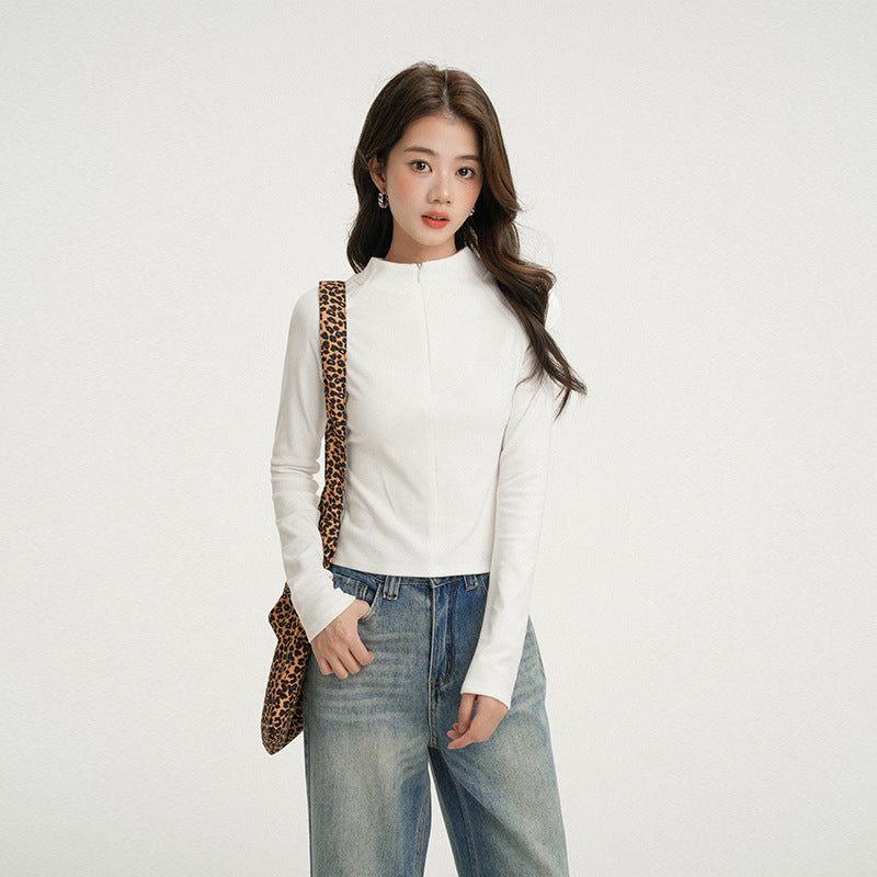 Apricot Half-Zip Thermal Long Sleeve T-Shirt for Women, Stand Collar, Slim Fit, Thickened Inner Layer Base Layer Shirt