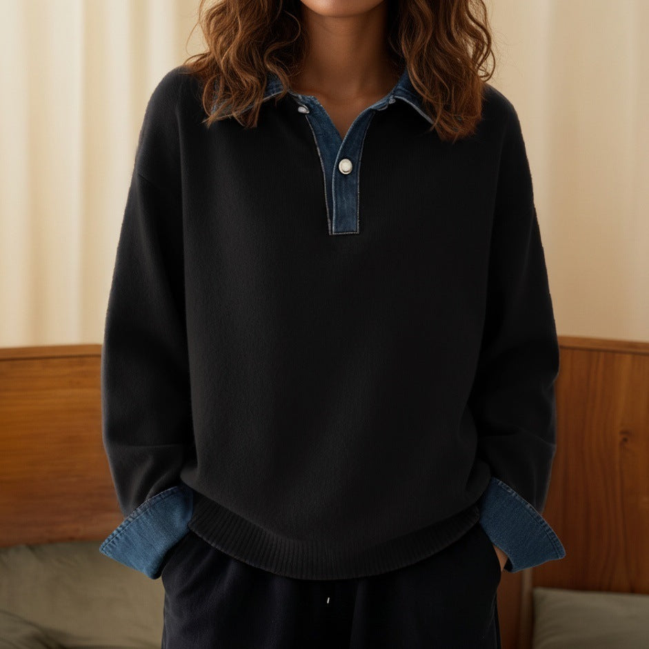 Cowboy patchwork top with collar and pullover sweater for women