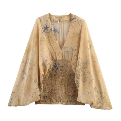 V-neck printed long sleeved top