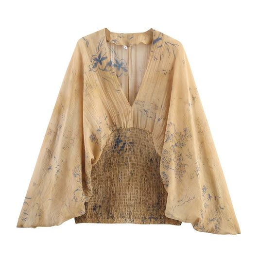 V-neck printed long sleeved top