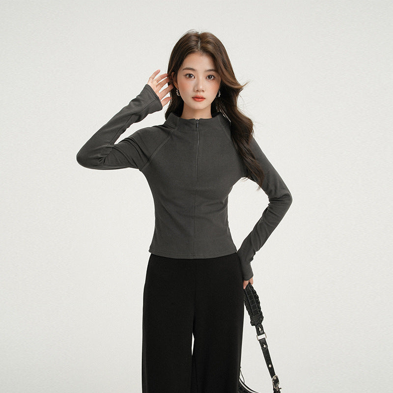 Apricot Half-Zip Thermal Long Sleeve T-Shirt for Women, Stand Collar, Slim Fit, Thickened Inner Layer Base Layer Shirt