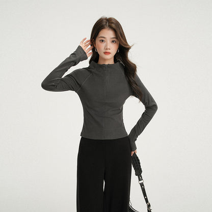 Apricot Half-Zip Thermal Long Sleeve T-Shirt for Women, Stand Collar, Slim Fit, Thickened Inner Layer Base Layer Shirt