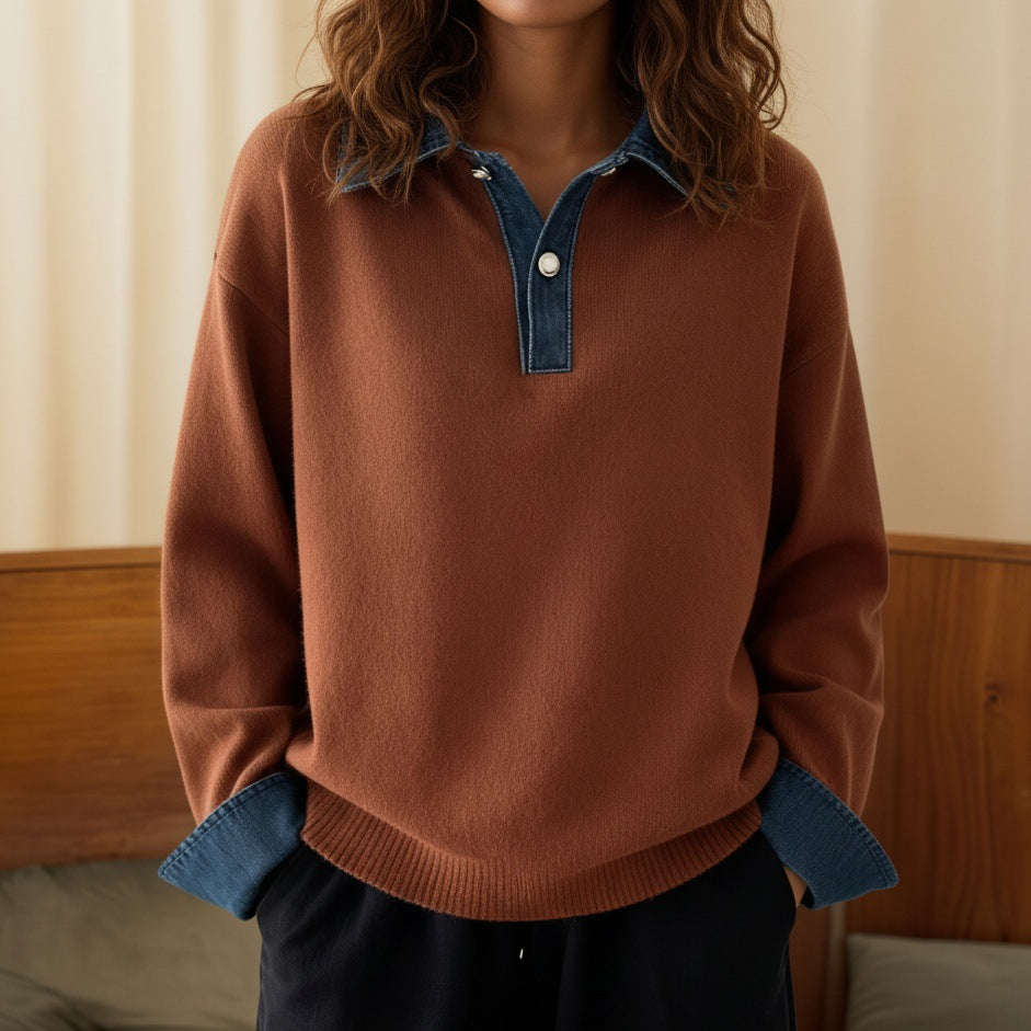 Cowboy patchwork top with collar and pullover sweater for women