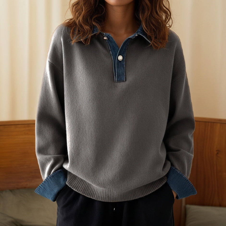 Cowboy patchwork top with collar and pullover sweater for women