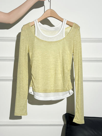 Color Block False Two-Piece Spliced Long Sleeve T-Shirt for Women,  Pleated Slim Fit, Elegant and Stylish Top