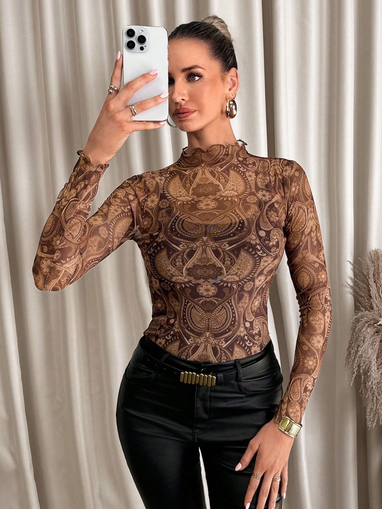Sexy Leopard Print Mesh Ruffled Bodysuit T-Shirt for Women