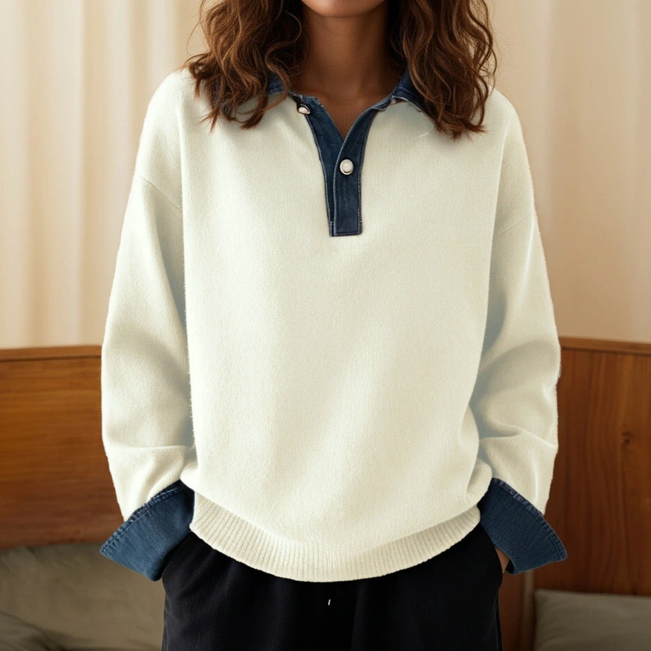 Cowboy patchwork top with collar and pullover sweater for women