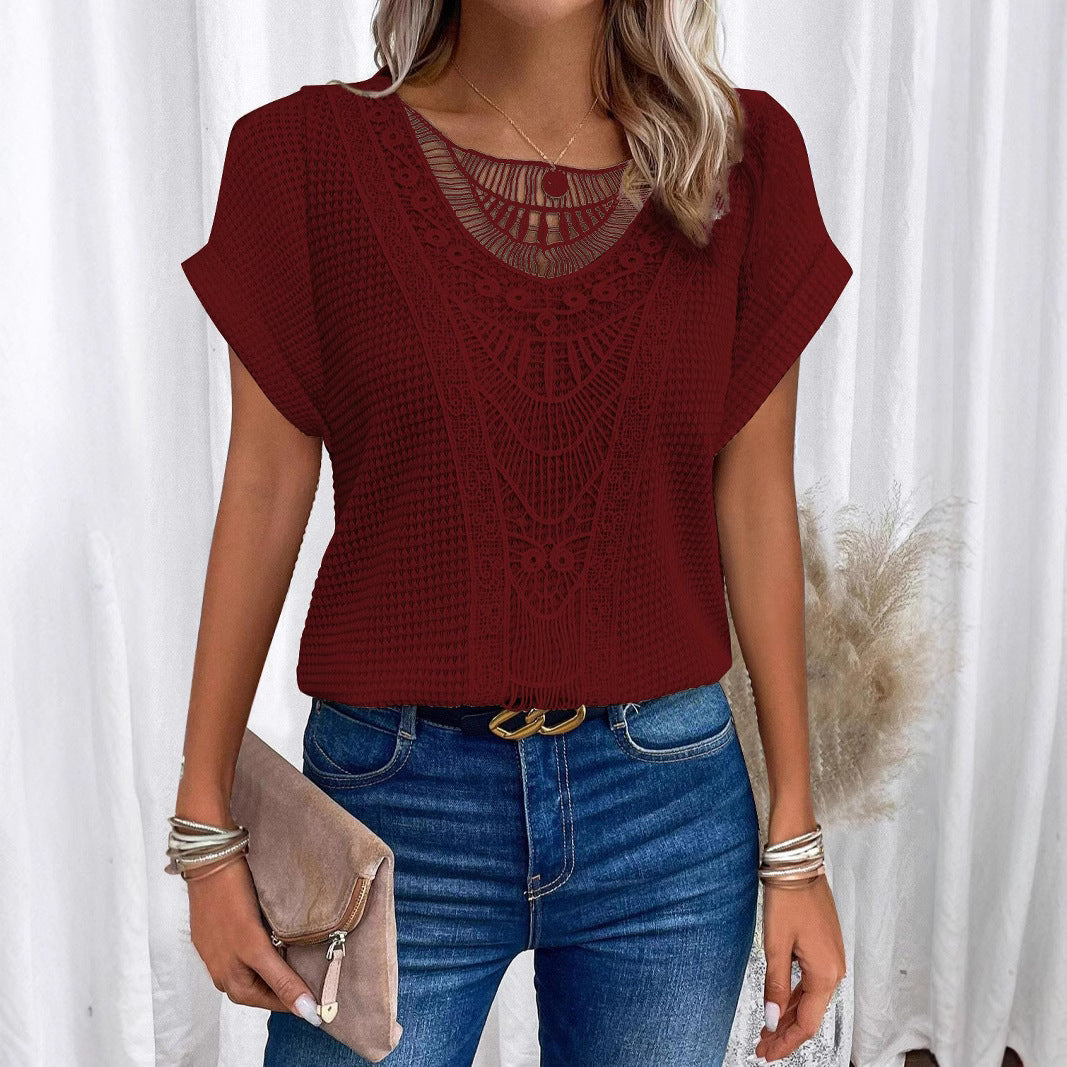 New independent station lace patchwork short sleeved t-shirt for cross-border women's wear