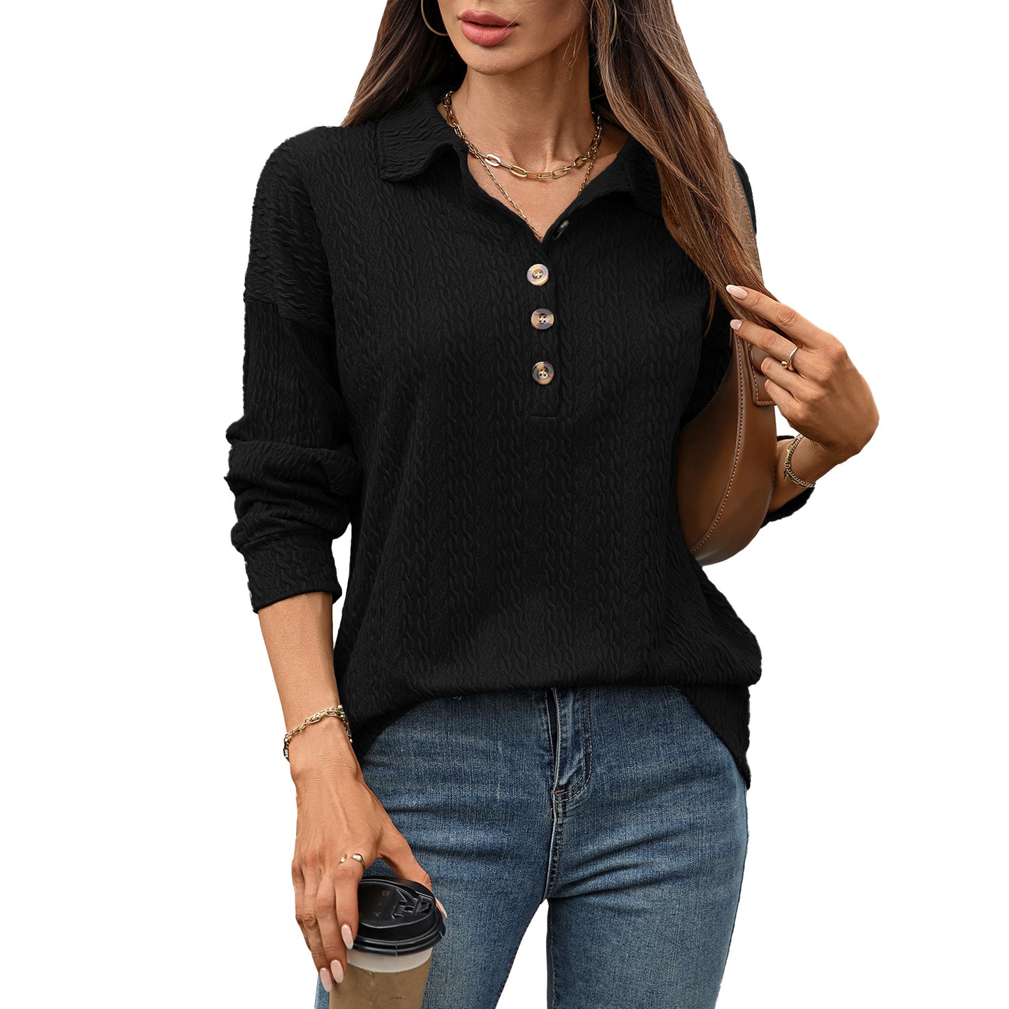 Solid color lapel button loose long sleeved top for women