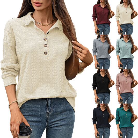 Solid color lapel button loose long sleeved top for women